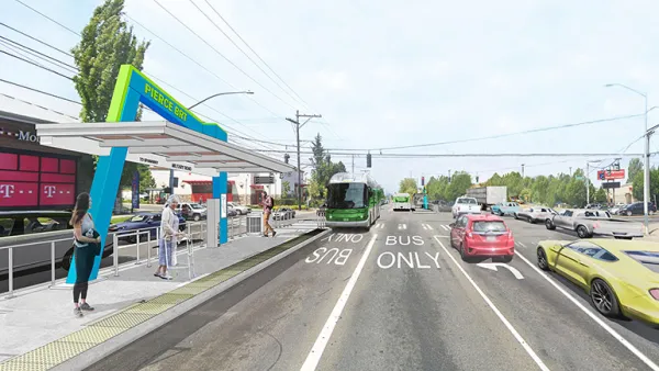 A conceptual rendering of a bus station station with two bus-only lanes running in the street.
