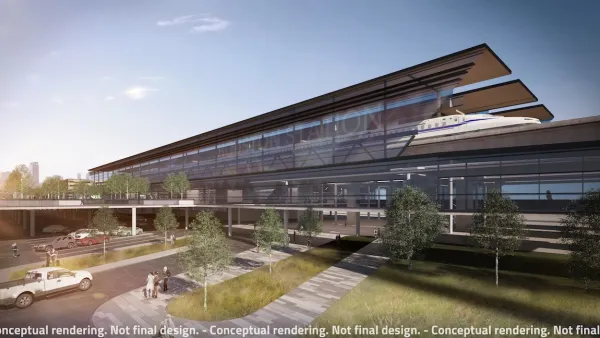 Rendering of proposed modern glass high-speed rail station in Houston, Texas.