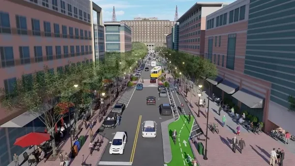 Rendering of 5th Street Complete Streets redesign with bike lanes in midtown Atlanta, Georgia.