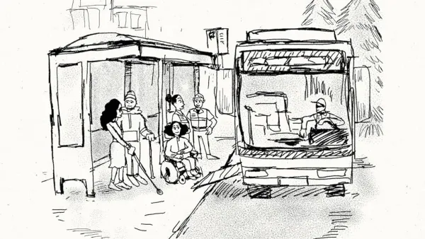 Line drawing of busy streetcar on city street.
