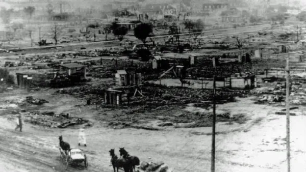 The image shows a portion of the African American neighborhood that was overrun by white rioters May 31-June 1, 1921. With force of numbers and superior weapons, they defeated the black defenders in a number of engagements.