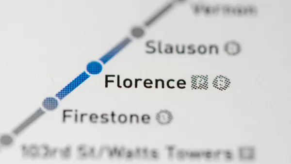 A map of the A Line in Los Angeles near where it passes the Florence Station.