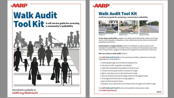 The cover of the AARP Walk Audit Tool Kit shows silhouettes of people crossing a street.