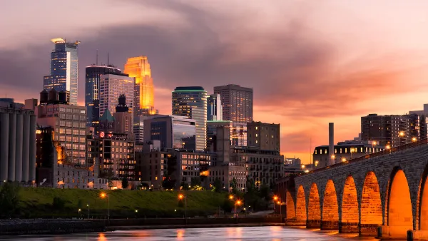 Sunset view of downtown Minneapolis, Minnesota skyline.