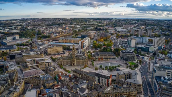 Aerial view of dense historic urban area of Bradford, United Kingdom.
