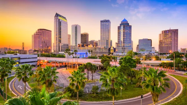 Aerial view of Tampa, Florida skyline at dusk.