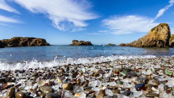 Close-up of rounded weathered multicolored glass pieces on Glass Beach in Fort Bragg, California.