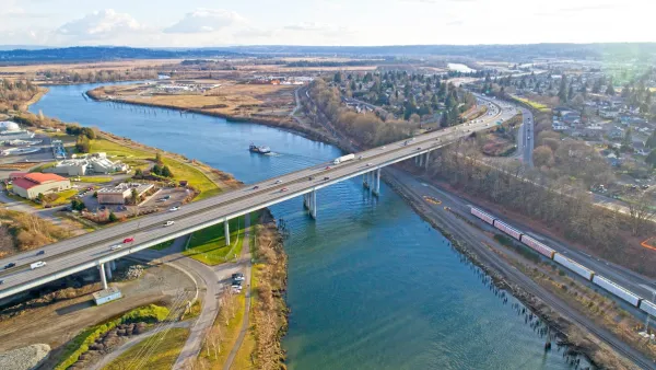 Aerial view of Snohomish River and I-5 bridge in Everett, Washington.