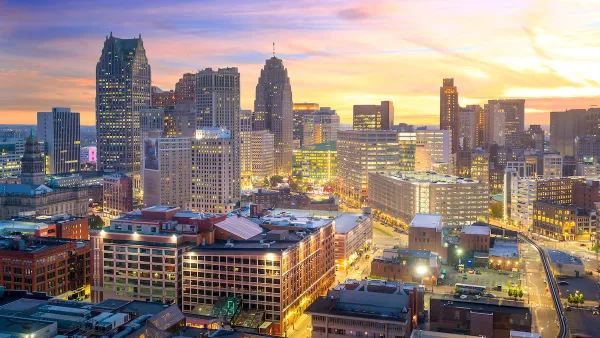 Aerial view of downtown Detroit, Michigan at twilight.