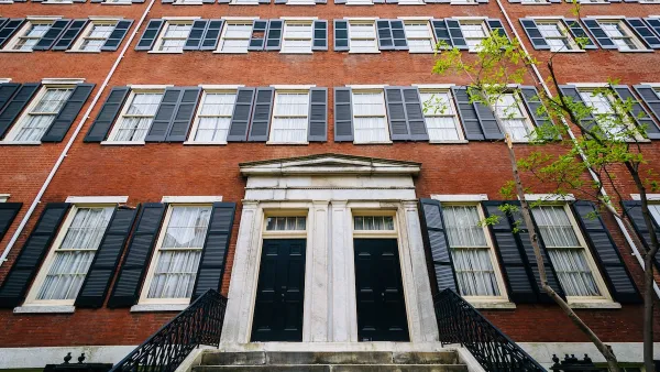 Historic brick buildings along Spruce Street in Washington Square West, Philadelphia, Pennsylvania.