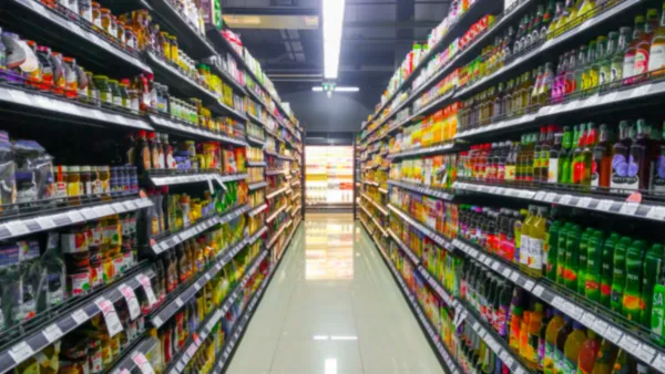 View of grocery store aisle.
