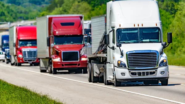 Line of 18-wheeler trucks on a highway in Tennessee