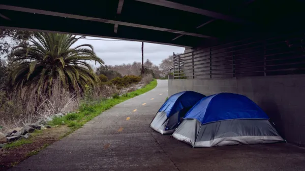 Two blue and white tents on a paved bike trail under an overpass in San Diego, California with palm tree and vegetation on one side