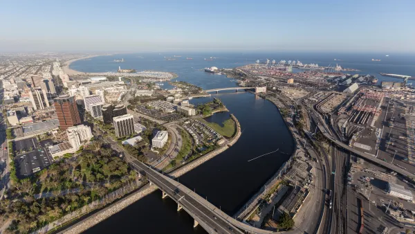 Aerial view of terminus of Los Angeles River and port infrastructure in Long Beach, California