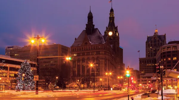 Milwaukee, Wisconsin city hall at night in winter.