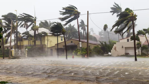 Flooded street with two-story homes and palm trees being blown in the wind during a hurricane in Miami, Florida.