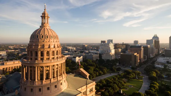 Aerial view from behind Texas State Capitol dome in Austin, Texas