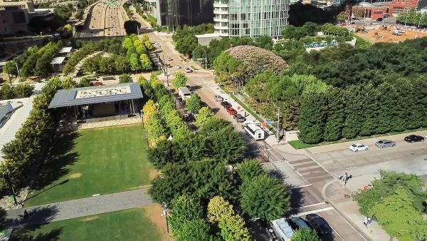 Aerial view of Klyde Warren deck park on freeway cap in downtown Dallas, Texas.