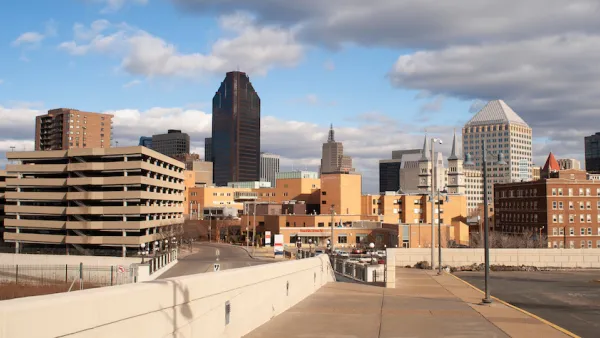 View of parking structures and downtown St. Paul, Minnesota skyline.