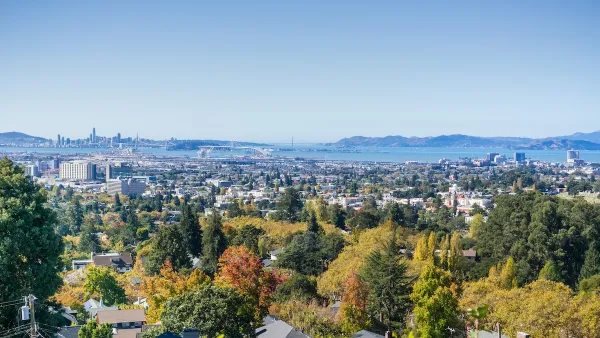 View of San Francisco Bay on sunny day from residential area of Oakland, California.