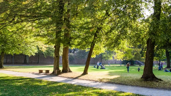 City park with paved walkway, green trees, and people sitting on lawn.