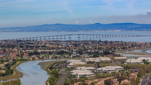 Aerial view of the San Francisco Bay with Hayward Bridge and Foster City in San Mateo County, California.
