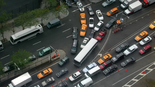 Aerial view of traffic in New York City entering Queens Midtown tunnel