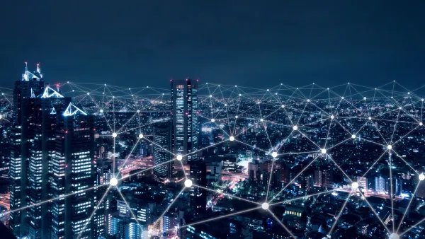 Illustration of nighttime city with white lines connecting nodes to illustrate technology and connectivity
