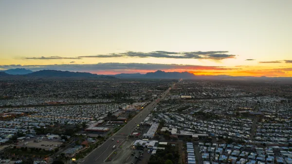 Aerial view of mobile home park next to freeway in Mesa, Arizona