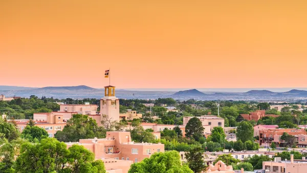 Aerial view of historic core of Santa Fe, New Mexico at dusk.