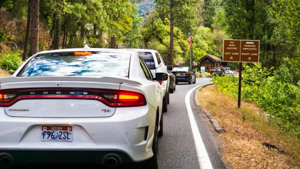 Cars wait in line to get into Yosemite National Park