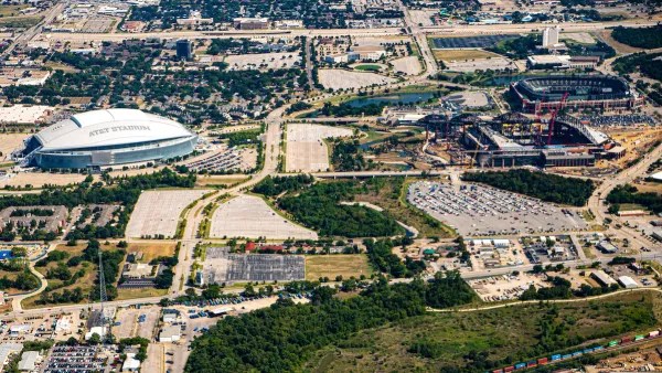 Aerial view of two sports stadiums in Arlington, Texas.