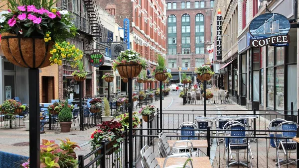 Alley with outdoor dining patios in downtown Cleveland, Ohio.
