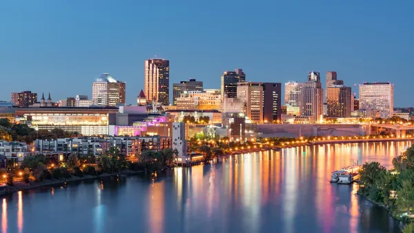 Evening view of downtown St. Paul, Minnesota across Mississippi River.