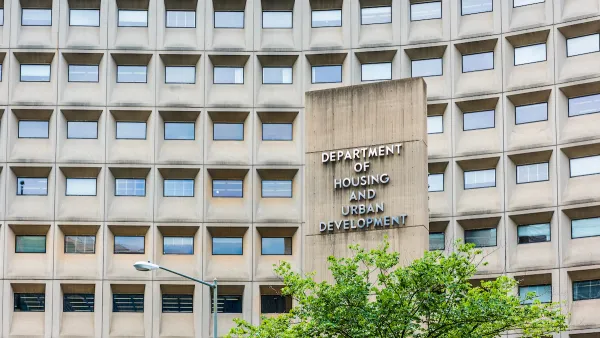 Modernist concrete facade of Department of Housing and Urban Development headquarters building in Washington, D.C.