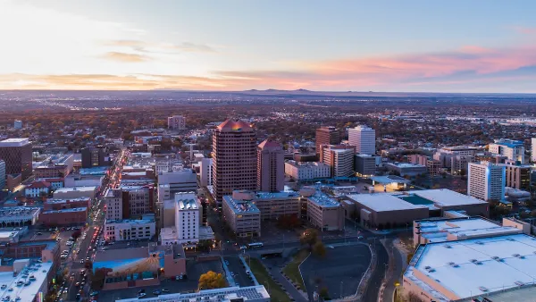 Aerial view of downtown Albuquerque, New Mexico at sunset.