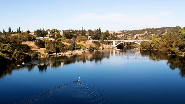 View of Rainbow Bridge over Lake Natoma in Folsom, California.
