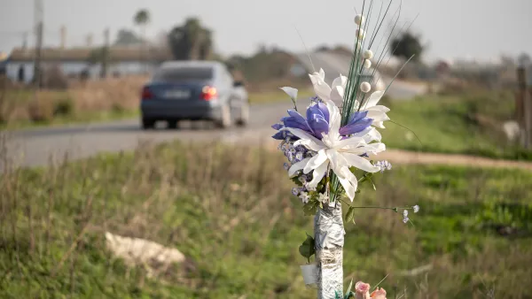 A bouquet of flowers stands in the grass beside a rural road as a car drives by.