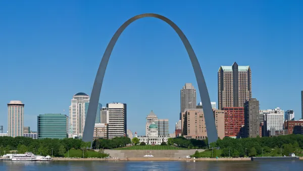 View of Gateway Arch and skyline of St. Louis, Missouri.