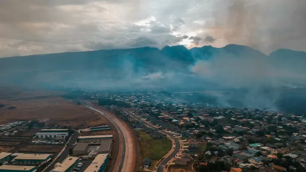 Aerial view of smoke from fires in Lahaina area of Maui, Hawaii.