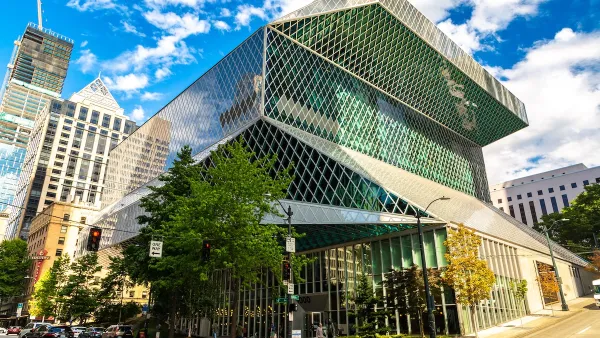 Geometric glass Seattle Public Library building.