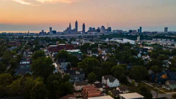 View of Cleveland, Ohio skyline at sunset