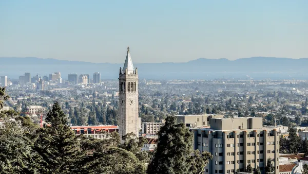 Aerial view of UC Berkeley campus with Campanile tower