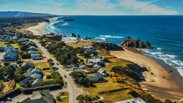 Aerial view of coastal Oregon town.
