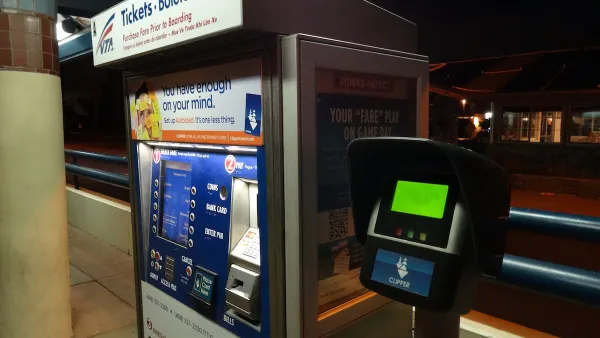 Transit fare purchase box at above-ground transit station in Santa Clara, California.