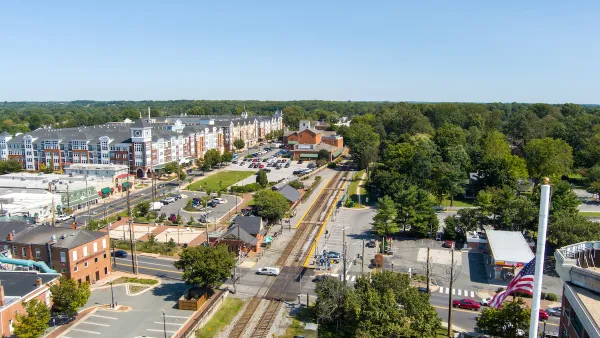 Aerial view of Gaithersburg, Maryland with train tracks in foreground.
