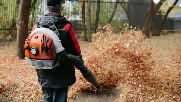 Man in black and red jacket using backpack-mounted leaf blower on large pile of brown leaves.