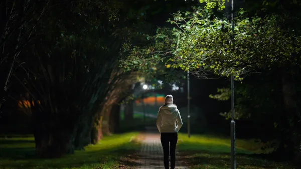 View from back of woman walking on well-lit small paved path at night.