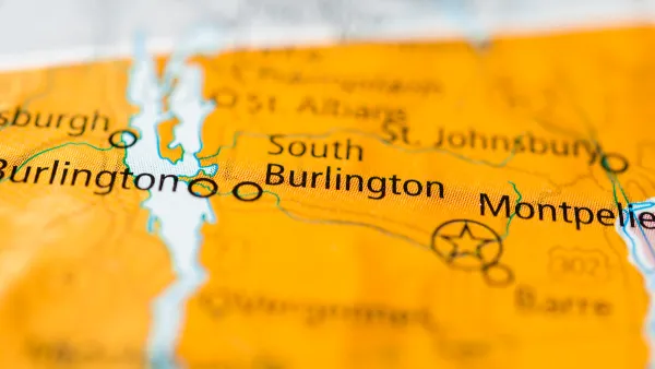 Close-up of South Burlington, Vermont on yellow map.