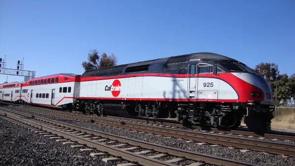 White and red Caltrain commuter train